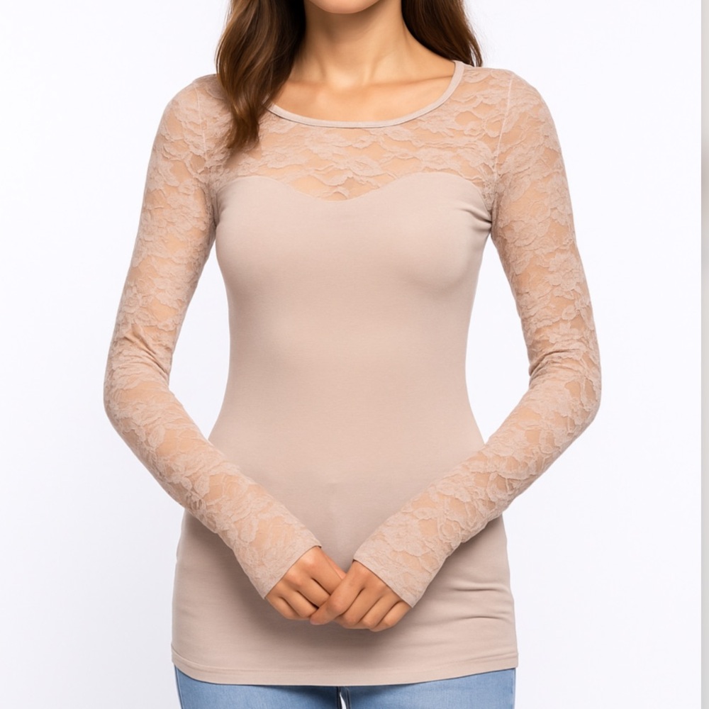 Light Beige Long Sleeve Lace Sleeve Top Blouse